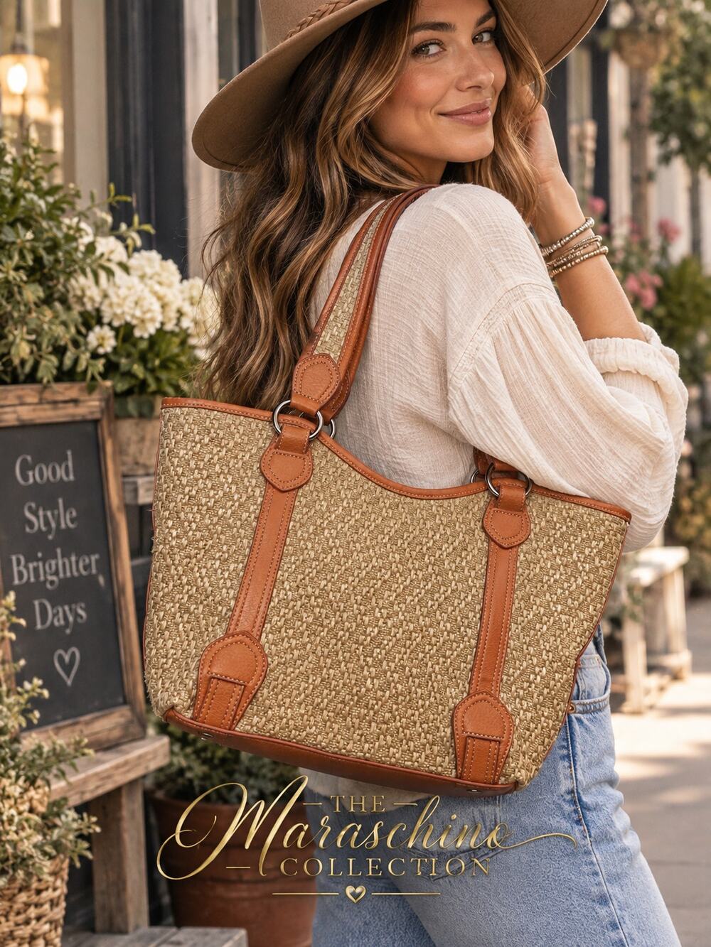 Stone Mountain Woven Straw Tote Bag Cognac Brown Shoulder Bag